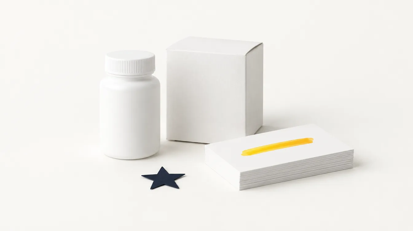 A plain white pill bottle, a small white shipping box and a stack of blank cards with one amber highlighter stroke.
