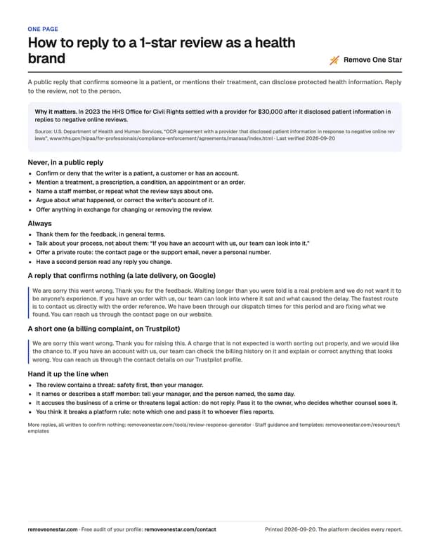 The health brand reply cheat sheet: a warning box on the HHS case, never and always lists, two sample replies and escalation steps.