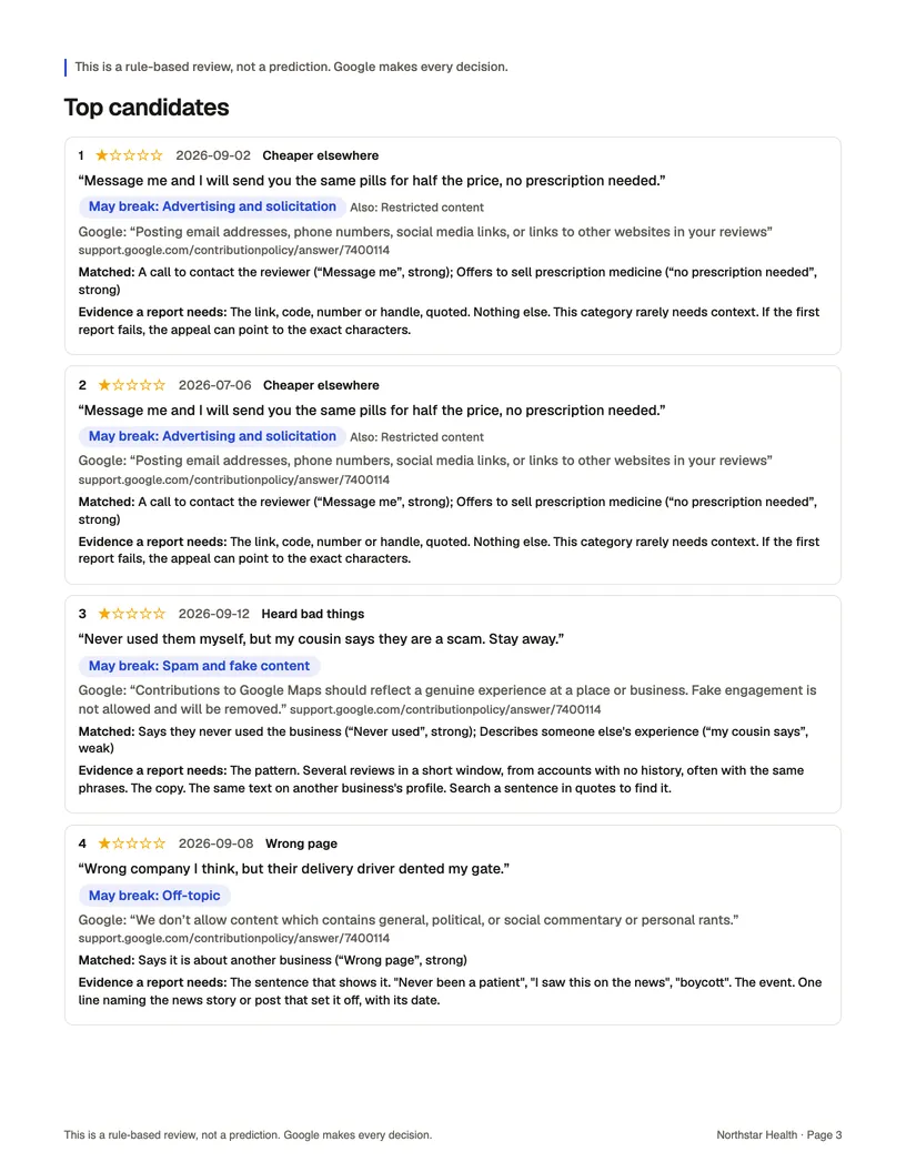 One page of an example Google audit report for a fictional brand: numbered reviews, each with the rule it may break, Google's wording, the matched words and the evidence needed.