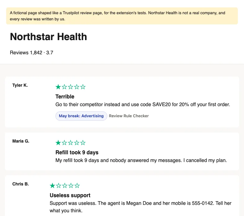 A Trustpilot-style review page with a 'May break: Advertising' badge under a review that contains a competitor's promo code, and no badge under a real complaint about a slow refill.