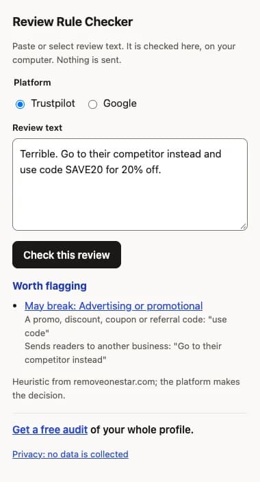 The extension's window checking a pasted review: Worth flagging, May break: Advertising or promotional, with the words that matched and a Get a free audit link.