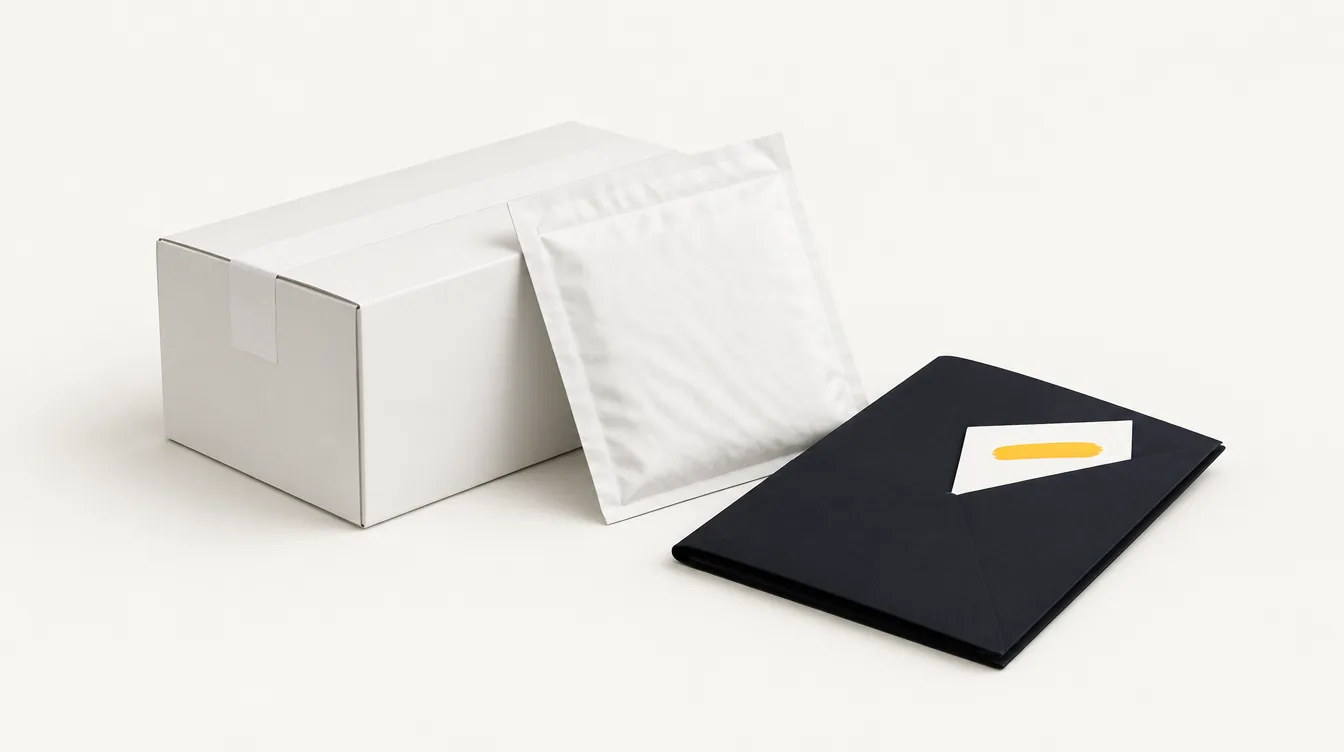 A plain unbranded parcel, a padded envelope and a dark folder holding a blank card with one amber highlighter stroke.