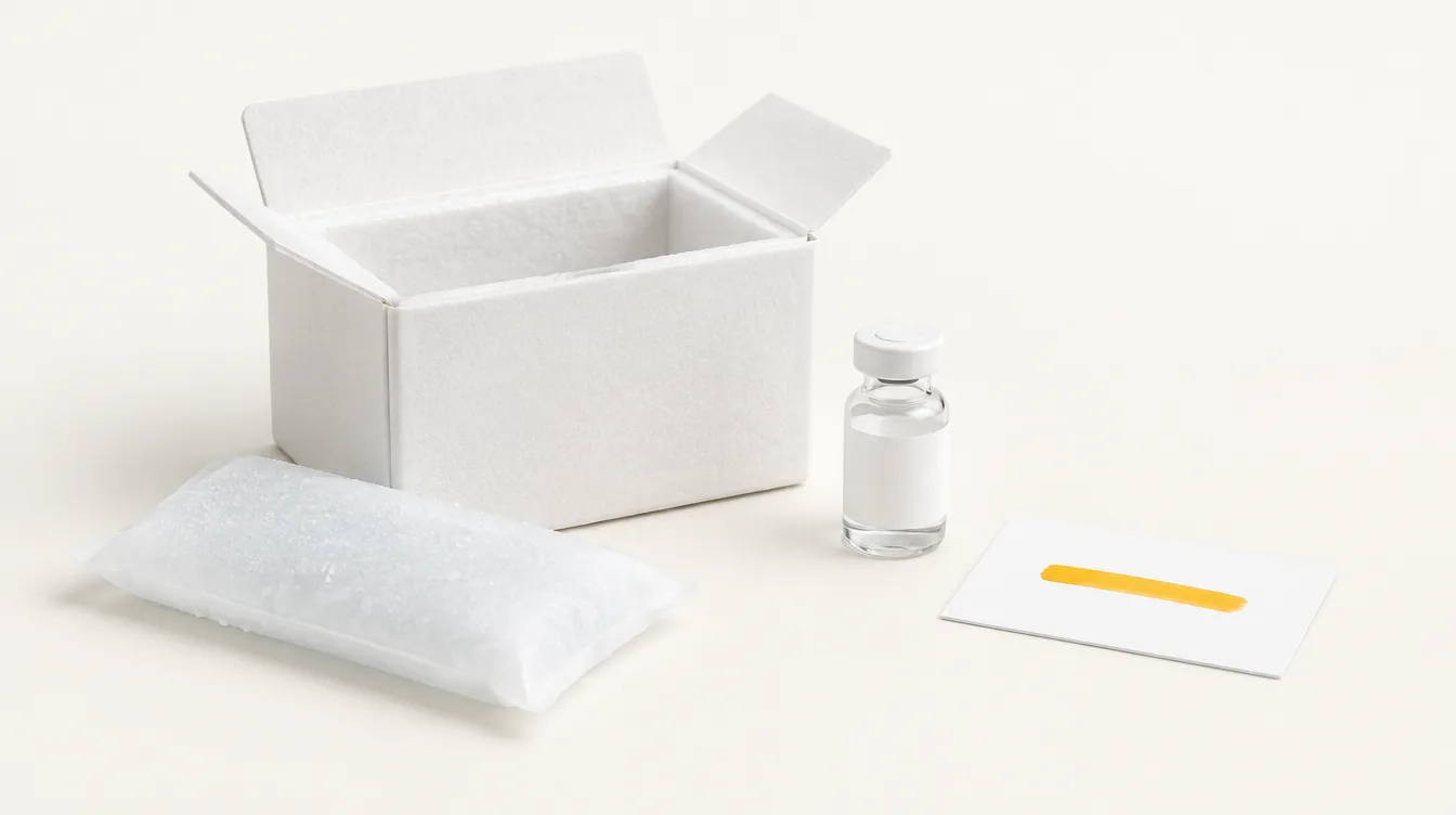 An open insulated shipping box, a frosted cold pack, an unlabelled glass vial and a blank card with one amber highlighter stroke.