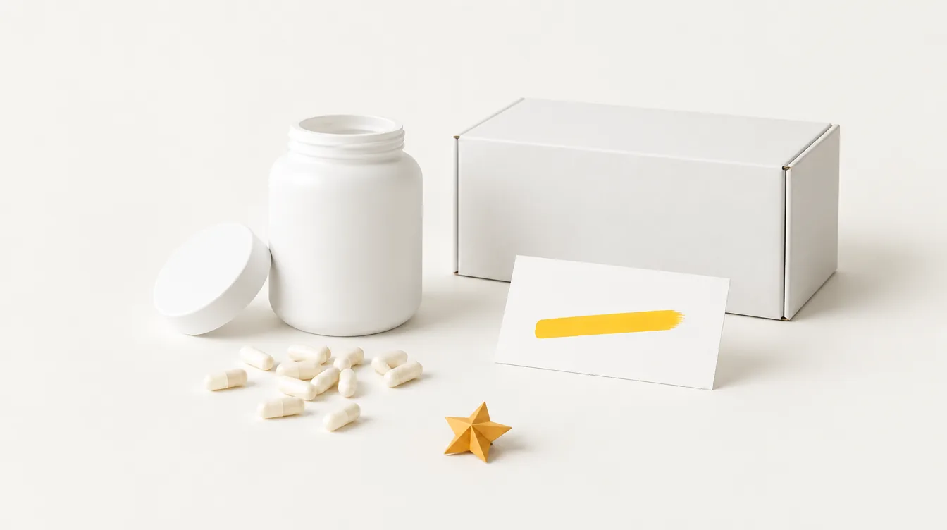 An open white supplement jar, a few capsules, a plain shipping box and a blank card with one amber highlighter stroke.